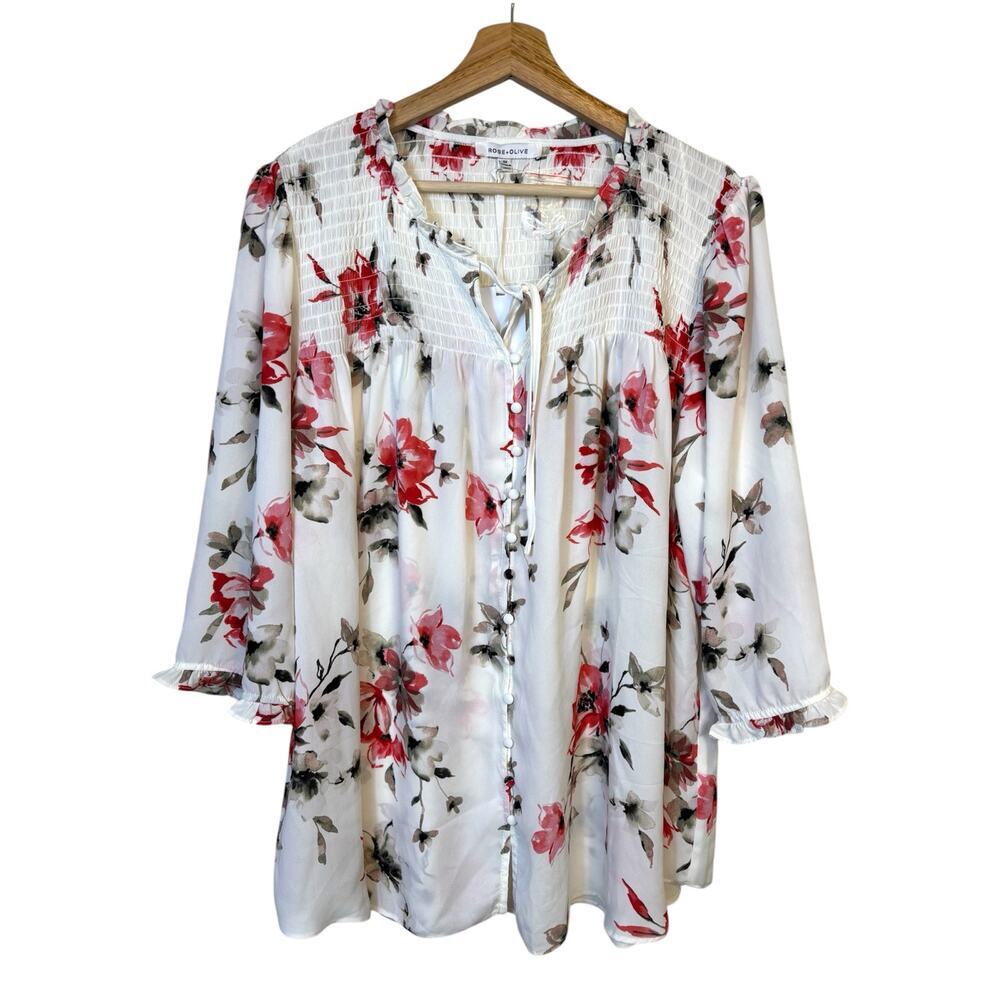 Rose + Olive Floral Smocked Peasant Button Up top 2X Boho Flowy Botanical NWT